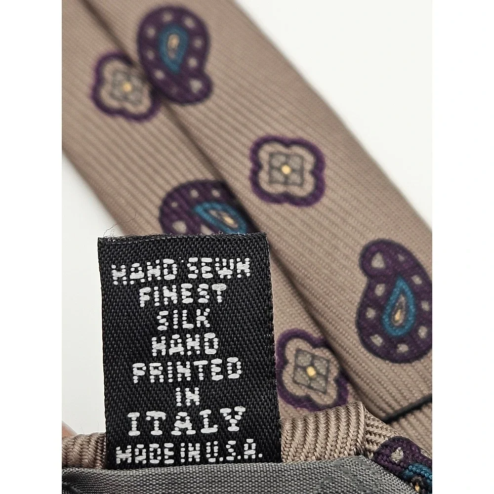 Robert Talbott Nordstrom Men Silk Tie Tan Purple Paisley Medallion Hand Sewn USA